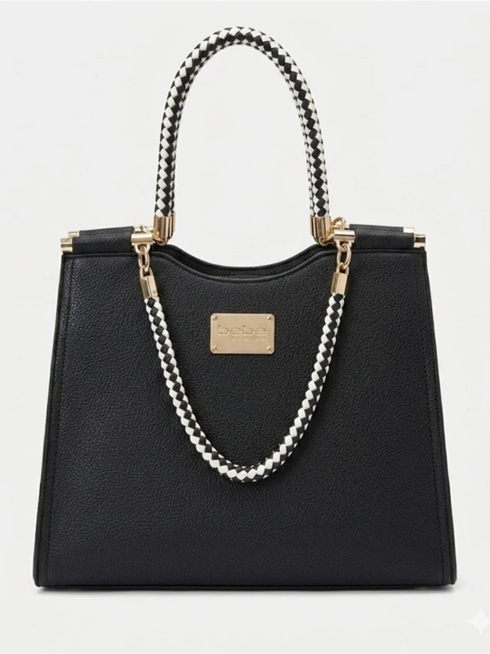 bebe Black Satchel with White Braided Handles and Gold Hardware